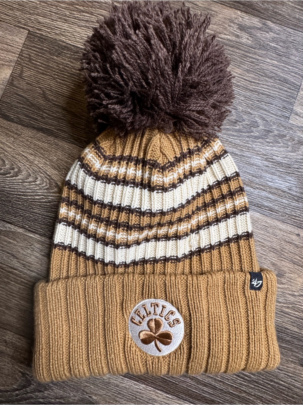 47 Brand Celtics Striped Pom Beanie in Camel/Brown/White